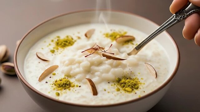 A close-up shot captures a delicious, creamy white dessert served in an elegant bowl, with visible steam rising, emphasizing its warmth and freshness. The rich, sweet dish is beautifully garnished wit