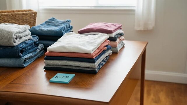 Organized piles of folded clothes sorted for donation and keeping in a bright home setting