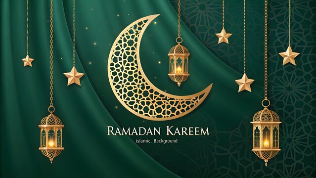 Golden Crescent Moon and Lanterns on Green Fabric Background, Ramadan Kareem Islamic Greeting
