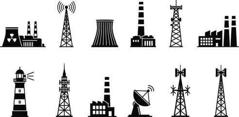 Set of black and white industrial and communication tower © Nafij World