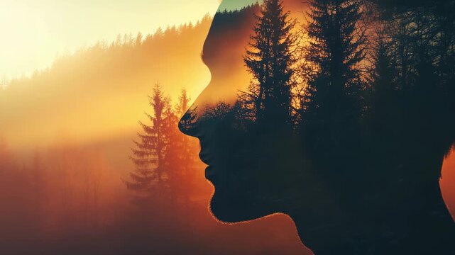 A silhouette of a face overlays a forest landscape during sunset, blending human form with nature in a visual representation
