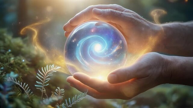 Mystical hands holding glowing magical crystal ball with galaxy swirl and enchanted light effects