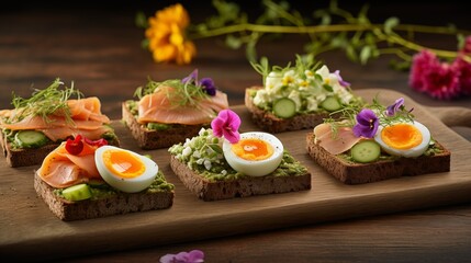 Open-faced toasts on dark wooden table 