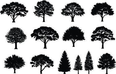 Fototapeta premium Set of black and white tree silhouettes in various shapes and sizes trees 1