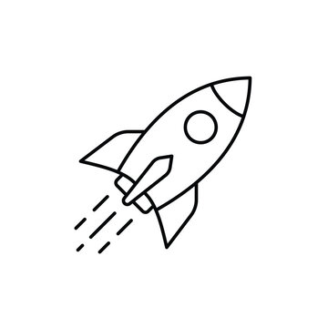 simple line icon of a rocket ship taking off with exhaust flames, symbolizing launch, startup, speed, and progress