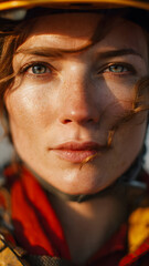 Portrait of Female Oil Rig Supervisor Engineer Wearing Safety Helmet on Offshore Platform