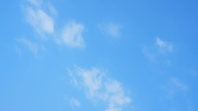 A blue sky timelapse video featuring scattered fair-weather cumulus clouds drifting across a bright atmosphere, illustrating cloud formation, gentle motion, and clear daytime sky conditions.
