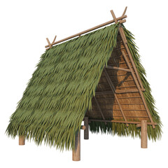 Traditional thatched hut with wooden structure and green roof  outdoor shelter transparent background