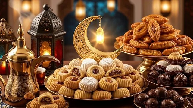 A luxurious and inviting display of traditional pastries, chocolates, and confectionery, beautifully arranged on a festive table. A golden crescent moon ornament with a delicate lantern illuminates th