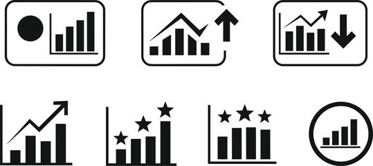 Set of six black and white bar chart with upward and downward trends upward trend