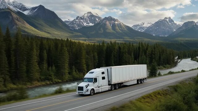 White semi truck driving on mountain highway with forest river and snowy peaks scenic landscape