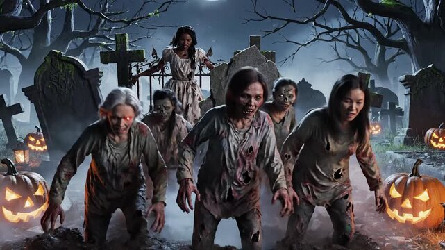 Zombies rising from graves in a spooky graveyard on Halloween night with pumpkins