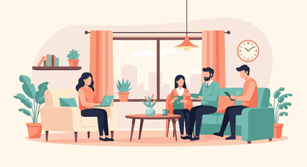 Four people in a cozy room, some working on laptops, others chatting