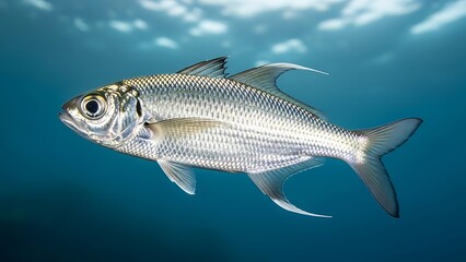 Obraz premium A detailed close-up shot of a silvery fish swimming gracefully in clear blue underwater environment with sunlight filtering from the surface.