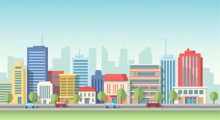 Obraz premium Flat design cityscape with colorful buildings, cars, trees, and green foreground