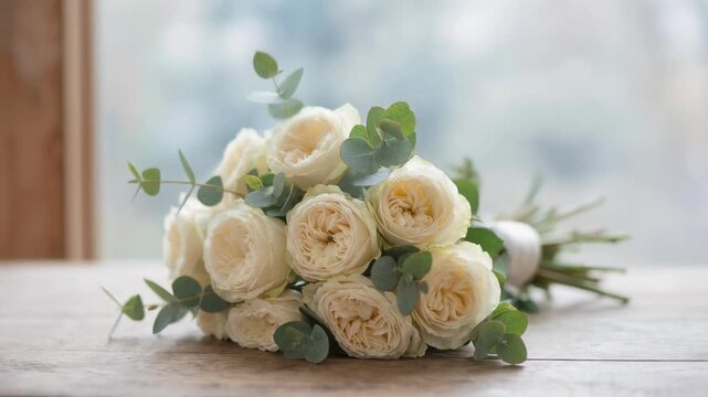 Elegant bouquet of white garden roses with eucalyptus leaves on rustic wooden table