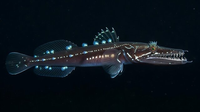 A deep-sea lizardfish with bioluminescent spots and sharp teeth, swimming in the dark ocean depths.