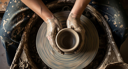Fototapeta premium Top View of Potter Hands Shaping Clay on Spinning Wheel