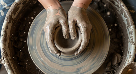 Fototapeta premium Top View of Potter Hands Shaping Clay on Spinning Wheel