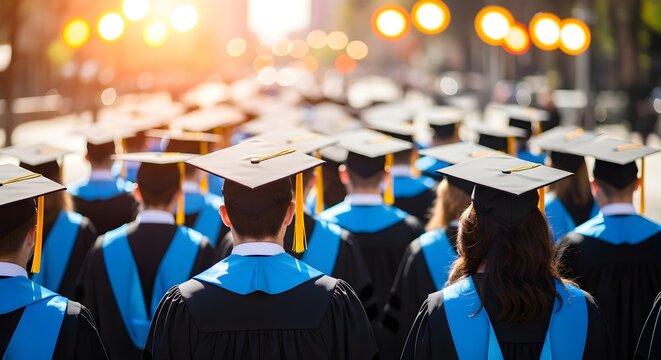 Rear view of a group of graduates wearing black gowns and blue sashes with academic caps walking away from the camera in a blurred background with warm lights.