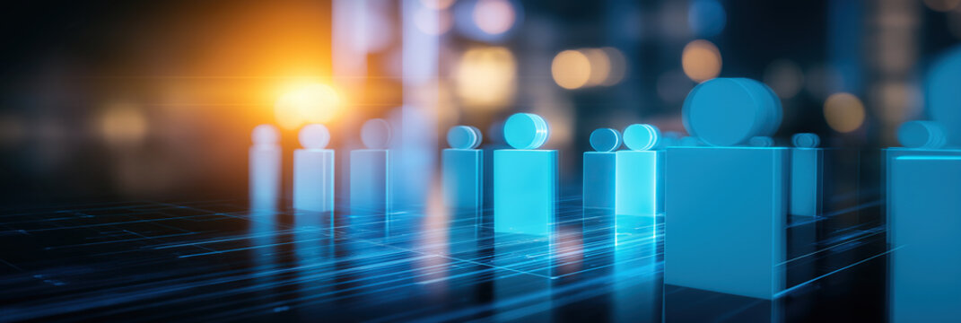 Glowing digital avatars stand on network grid with city bokeh lights.