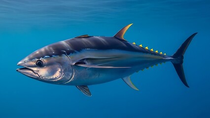 Obraz premium A magnificent yellowfin tuna fish gracefully swims through the clear blue ocean waters, showcasing its sleek body and vibrant yellow finlets.