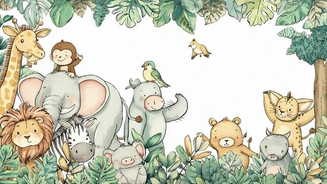 Adorable cartoon animals in lush foliage frame