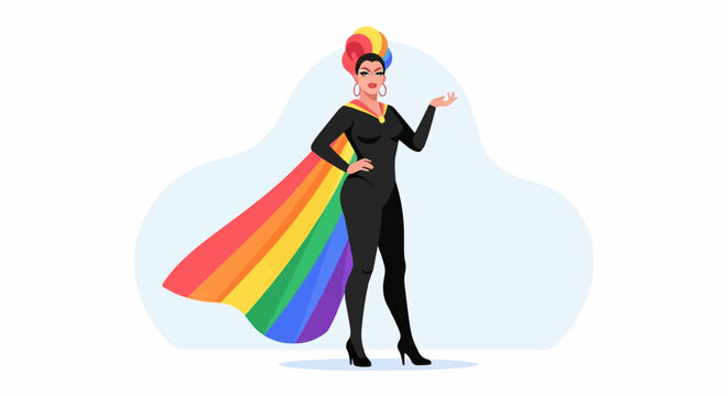 Drag queen with rainbow cape and colorful hair poses confidently
