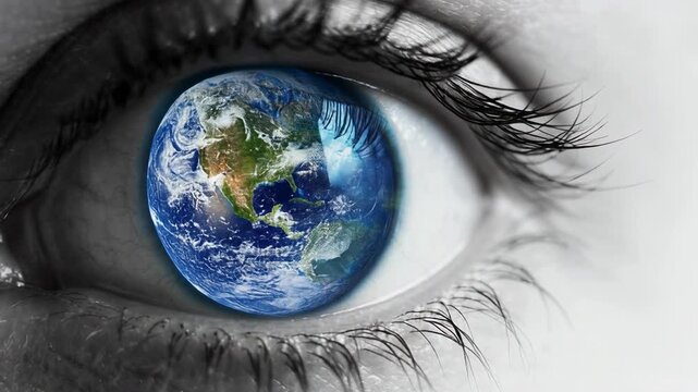 Close up of human eye with Earth globe reflection symbolizing global vision and environmental awareness