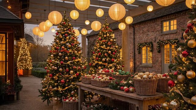 Cozy outdoor Christmas scene with decorated trees and festive ornaments in baskets under glowing lanterns
