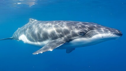 Fototapeta premium A majestic whale gracefully swimming underwater in the clear blue ocean, showcasing its distinctive dark grey and white markings.