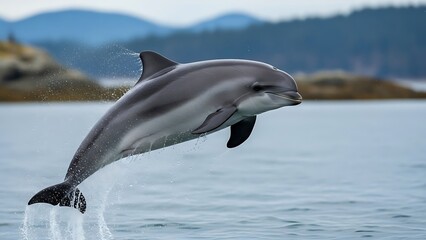 Obraz premium A beautiful grey and white dolphin gracefully leaps out of the ocean water, with a blurred natural landscape in the background, showcasing its agility and marine habitat.