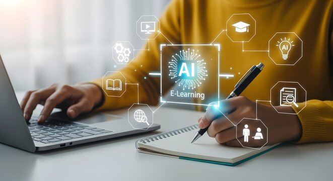Person in a yellow sweater working on a laptop and writing in a notebook with digital AI icons floating above the paper on a desk.