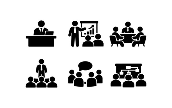 Collection of business meeting and presentation icons representing teamwork and corporate communication