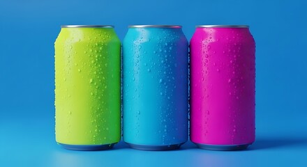 Three Cold Soda Cans with Water Droplets in Neon Colors stock