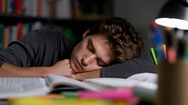 Student sleeping on open textbook at desk, late night studying exhaustion and burnout during exam preparation in cozy room light