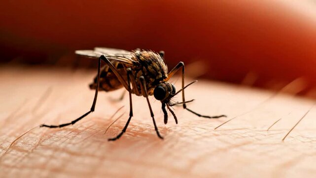 Video, close-up, illustration of mosquito on skin, health education, animals, dengue fever, malaria 