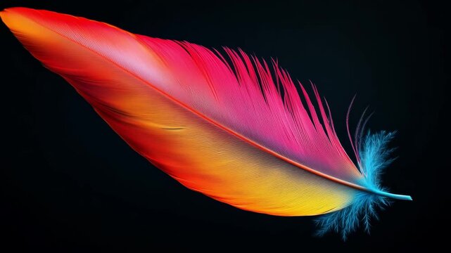 A feather glides gently in front of a dark backdrop displaying bright colors and intricate details showing natures design