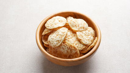 Tempeh Chips or Keripik Tempe in Wooden Bowl