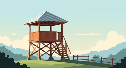 Elevated wooden observation tower on a grassy hill under a sky