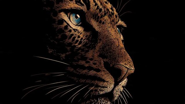 Stunning leopard face with intense gaze on black background