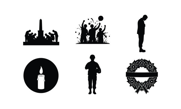 Soldier silhouette honors fallen heroes at monument, remembrance candle, and wreath vector