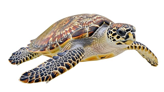 A green sea turtle with a patterned shell and flippers, isolated on a white background, showcasing its aquatic form.