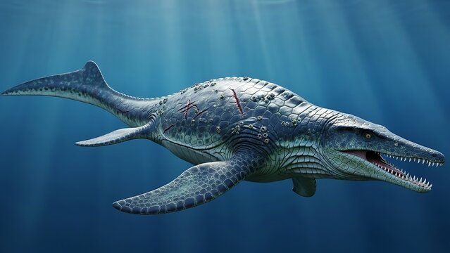 A majestic prehistoric marine reptile, possibly a Mosasaur or Plesiosaur, swims gracefully through the deep blue ocean waters with light filtering from above.