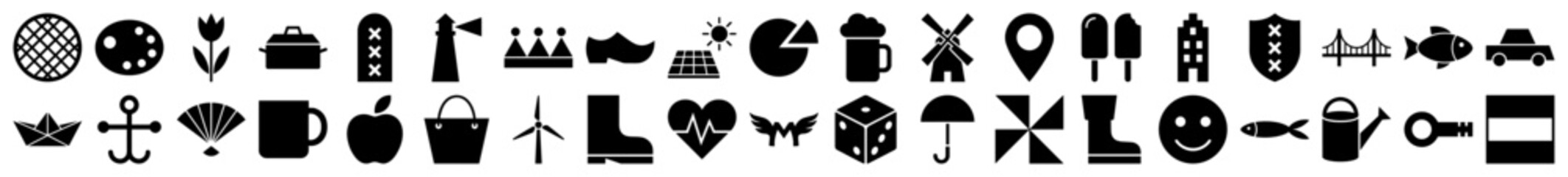 Fototapeta na wymiar Dutch cultural icons and lifestyle symbols in a minimalist black filled glyph style
