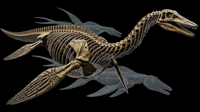 Detailed plesiosaur skeleton fossil reconstruction against a dark background, showcasing ancient marine reptile anatomy.