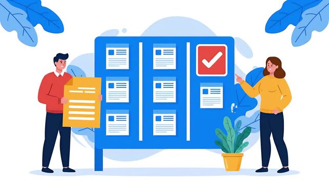 man and woman checking giant checklist background. business animated illustration video
