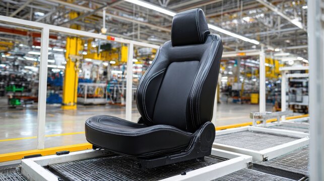Modern black leather car seat with white stitching on an automated automotive assembly line in a factory