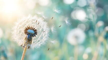 Obraz premium Dandelion seeds floating away in the wind against a soft, natural background