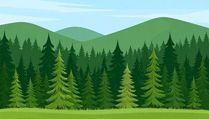 Fototapeta premium Lush green pine forest landscape with rolling hills under clear blue sky summer nature scenery
